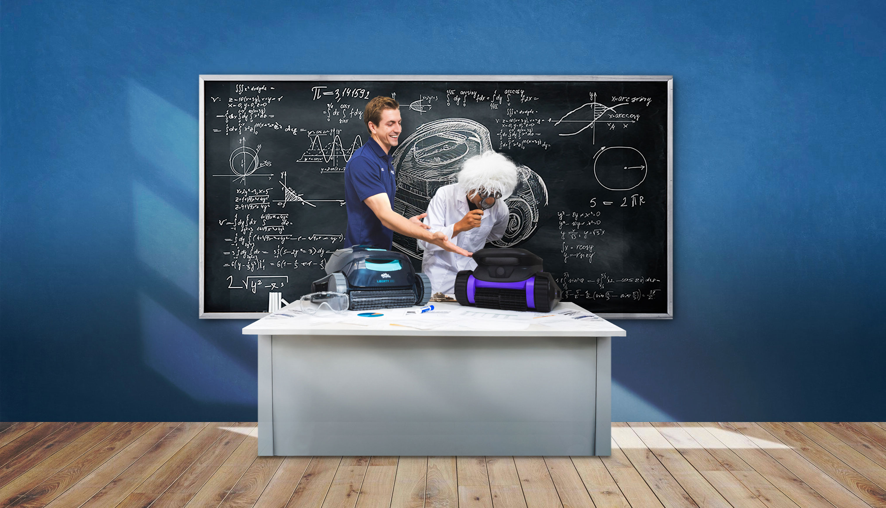 A Pinch A Penny employee and a scientist character examining automatic pool cleaners in front of a chalkboard covered with physics equations