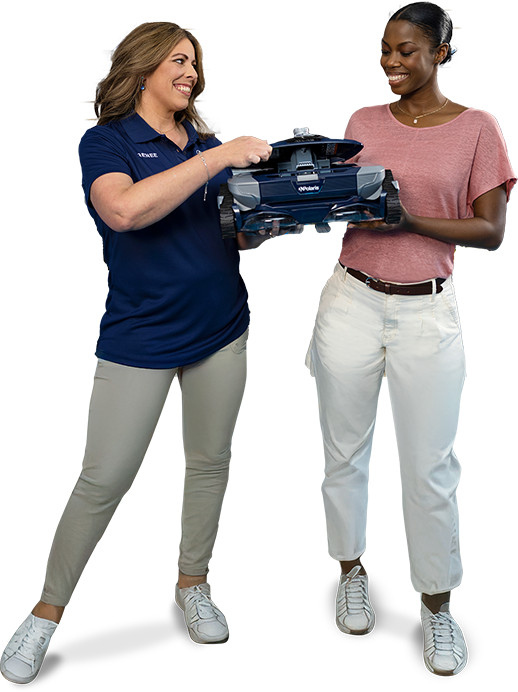 A Pinch A Penny employee showing an automatic pool cleaner to a customer