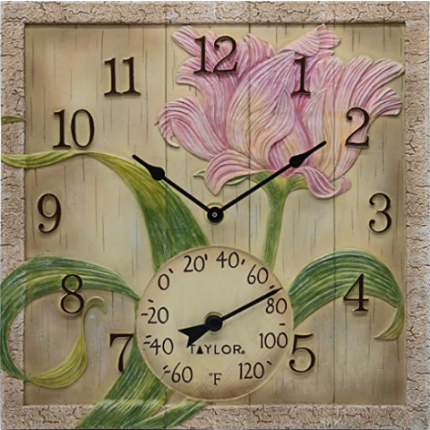 14" Beachwood Flower Clock with Thermometer