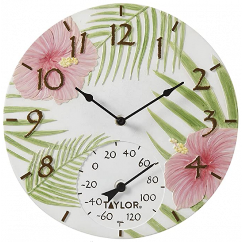 14" Hibiscus Clock With Thermometer