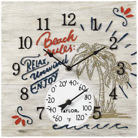 14" Beach Rules Clock With Thermometer